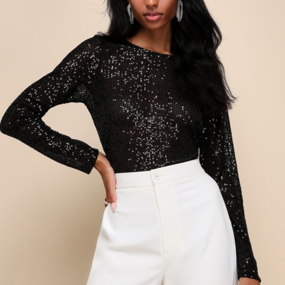 Shining Excellence Black Mesh Sequin Long Sleeve Crop Top